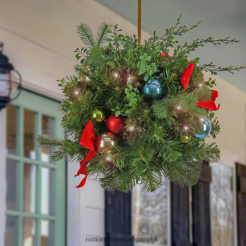 Greenery | National Tree Company 16\ Christmas Be Merry Decorated Kissing Ball with Fabric Bow 50 Warm White LED Lights- Battery Operated with Remote Control F2L4F453